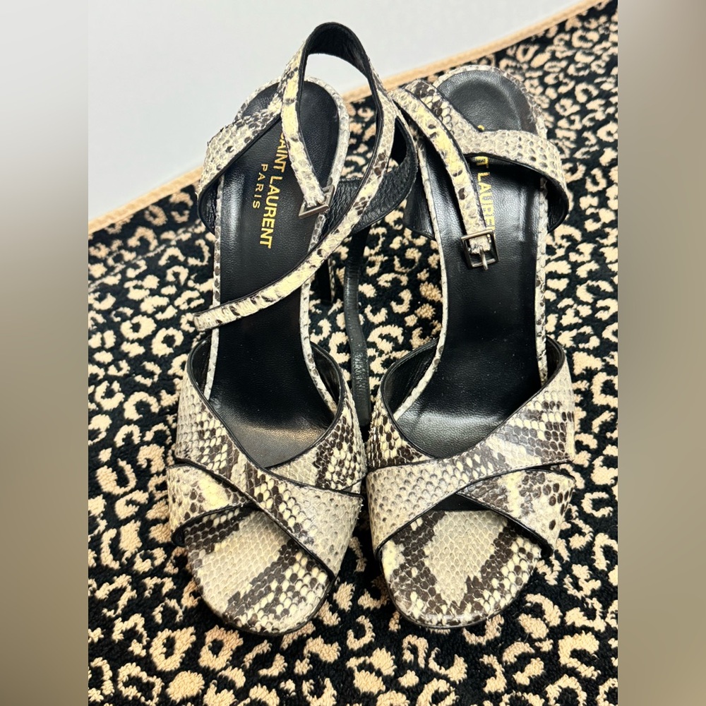 Saint Laurent Women's Snakeskin Sandals - Black and Cream